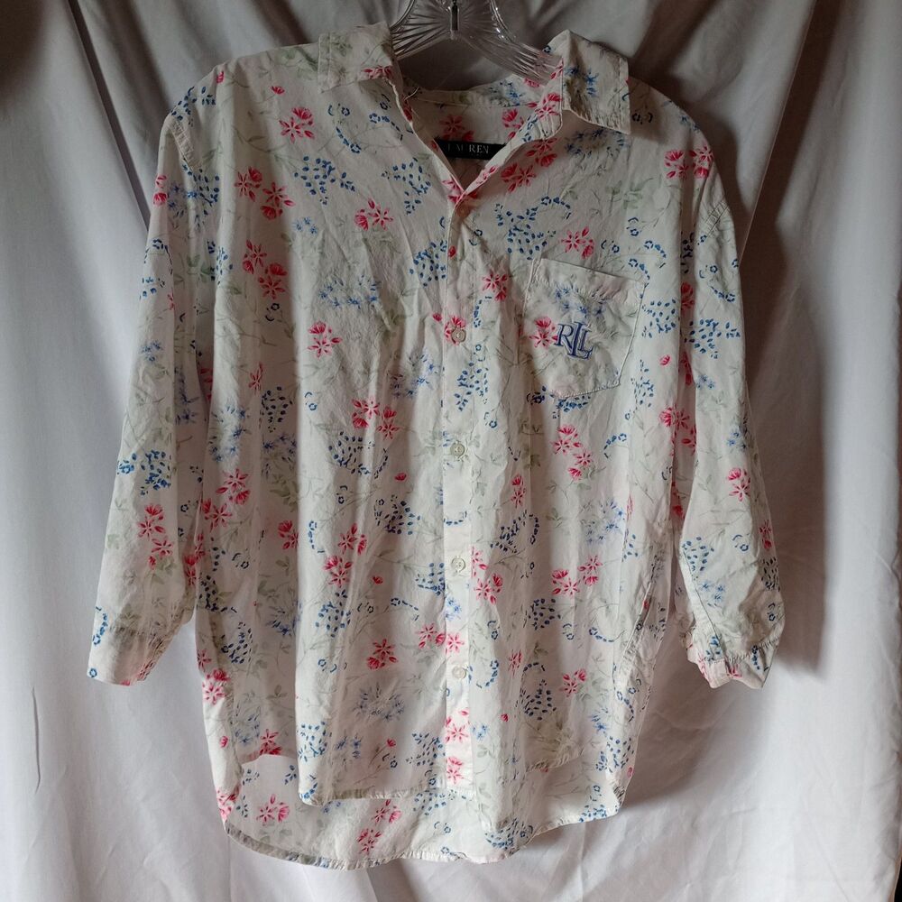 Lauren Ralph Lauren Lightweight Floral Roll tab Monogram 3/4 Sleeve size S